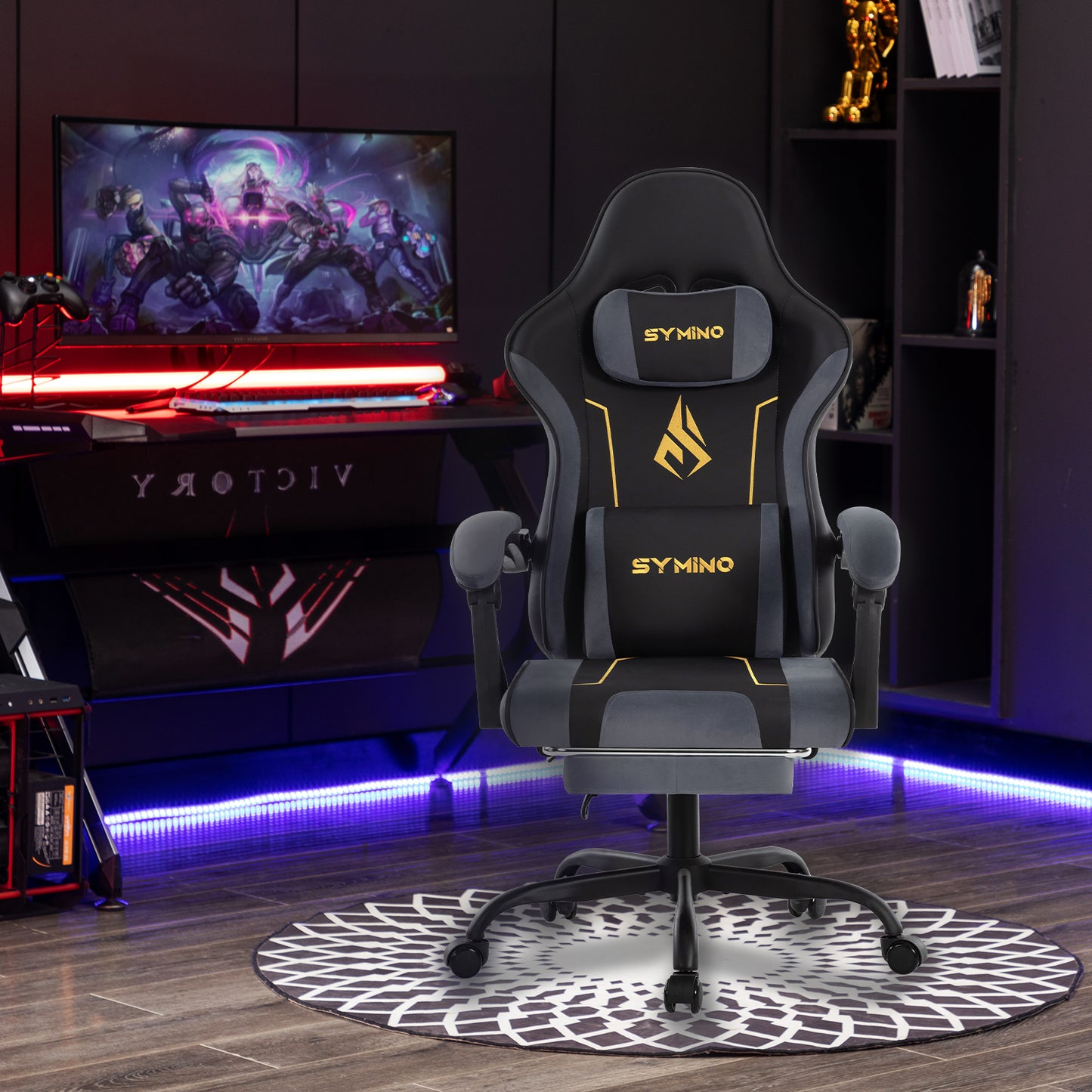 SYMINO ゲーミングチェア リラックス足置き付き 高弾性ラテックスクッション 人造ファー+PUレザー 人間工学設計 ブラック×チャコールグレー