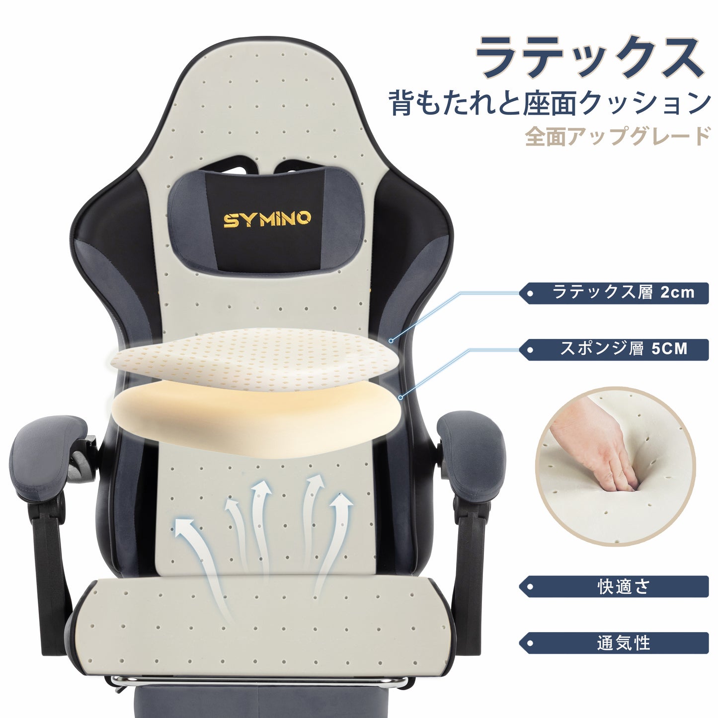 SYMINO ゲーミングチェア リラックス足置き付き 高弾性ラテックスクッション 人造ファー＋PUレザー 人間工学設計 ブラック×チャコールグレー