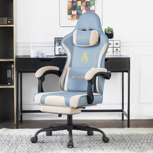 SYMINO ゲーミングチェア リラックス足置き付き 高弾性ラテックスクッション 人造ファー＋PUレザー 人間工学設計 ライトベージュ＆ライトブルー
